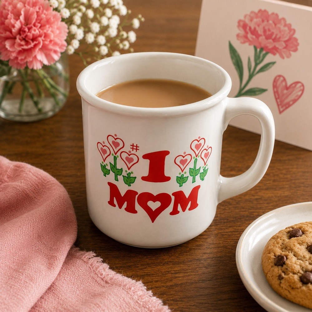 Vintage Giftco Inc #1 Mom Ceramic Coffee Mug with Lid Lots of Love 8oz White Red